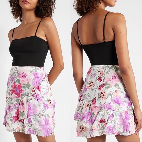 Express High Waisted Floral Asymmetrical Ruffle Mini Skirt - Picture 1 of 9
